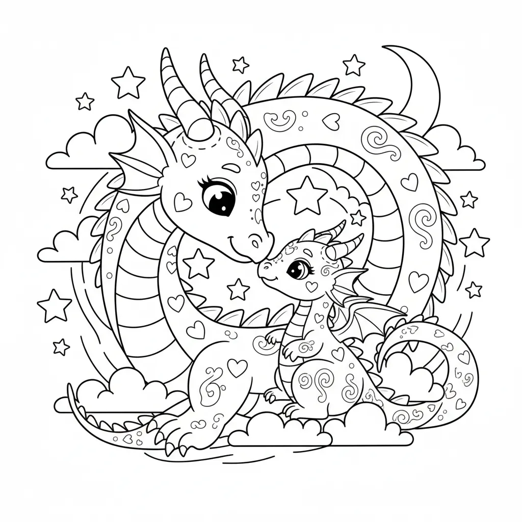 coloring page of a cute mother and baby dragons nuzzling