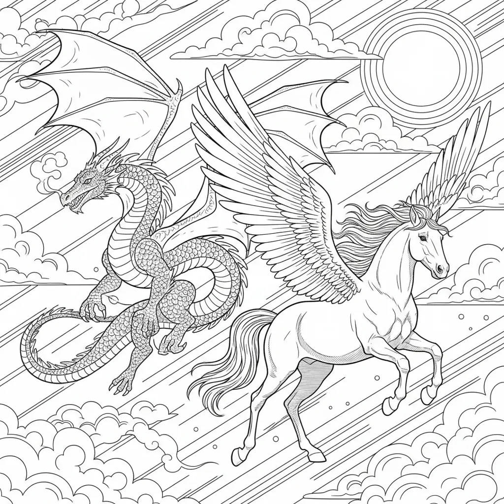 coloring page of a dragon and pegasus flying in the sky
