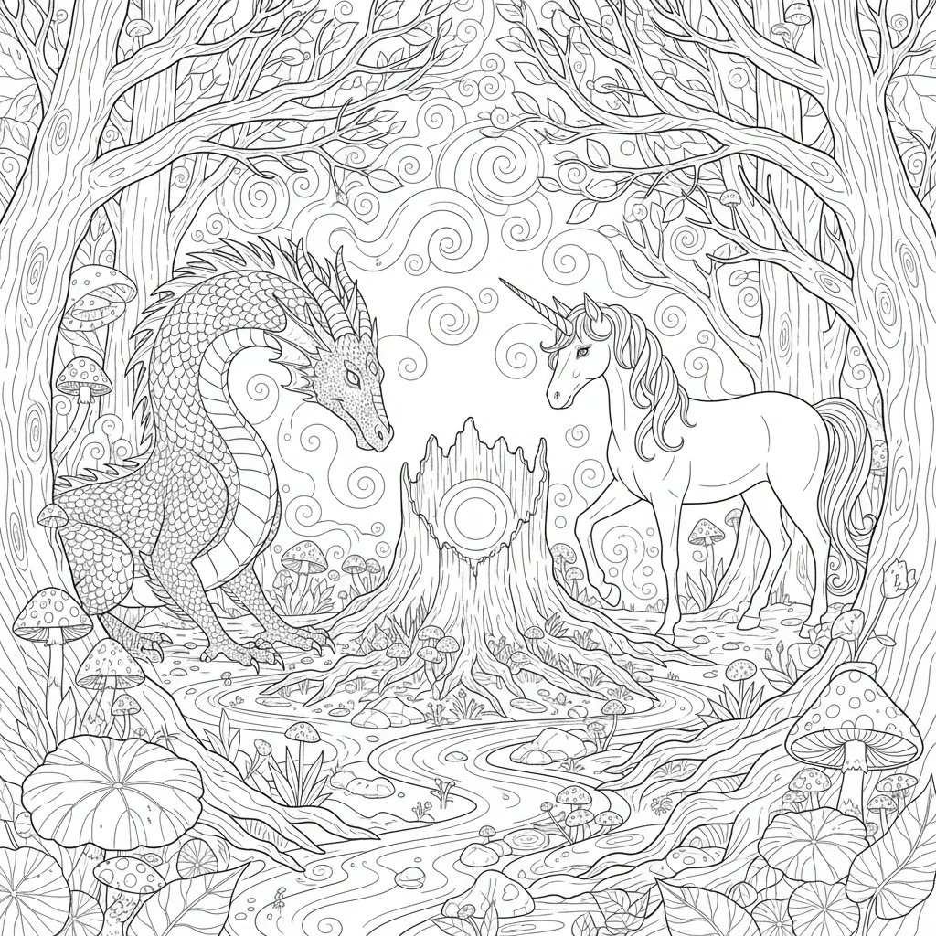 coloring page of a dragon and unicorn in an enchanted forest