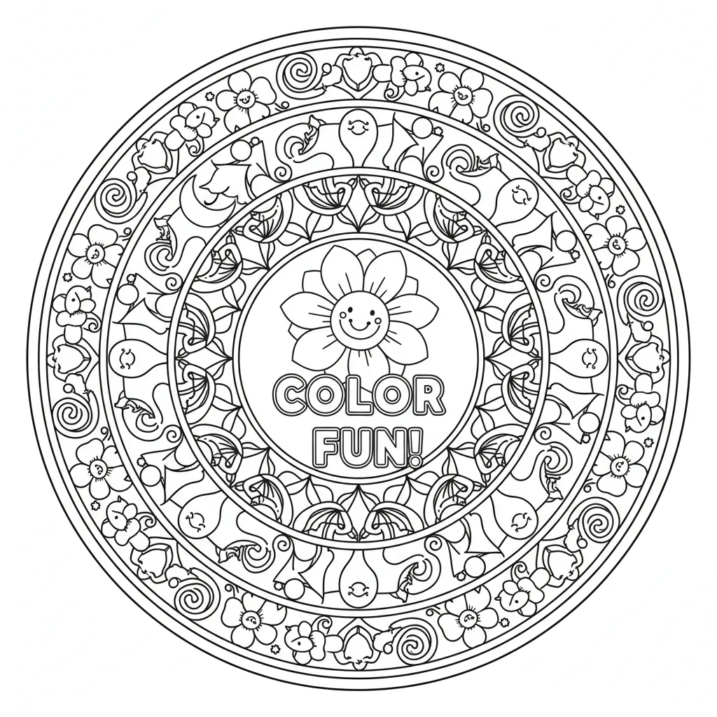 easy mandala coloring page for kids that says color fun