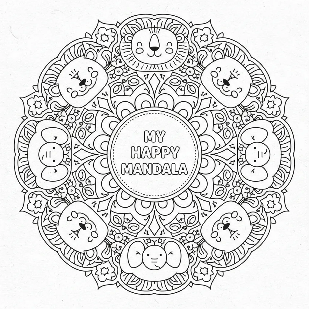easy mandala coloring page for kids with animal faces that says my happy mandala