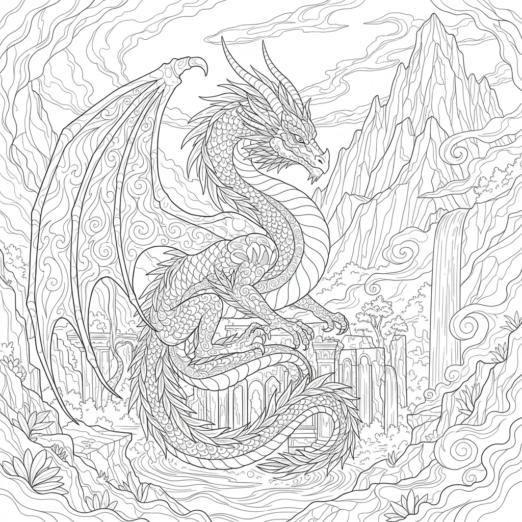 fantasy themed coloring page of a dragon perched on some ruins