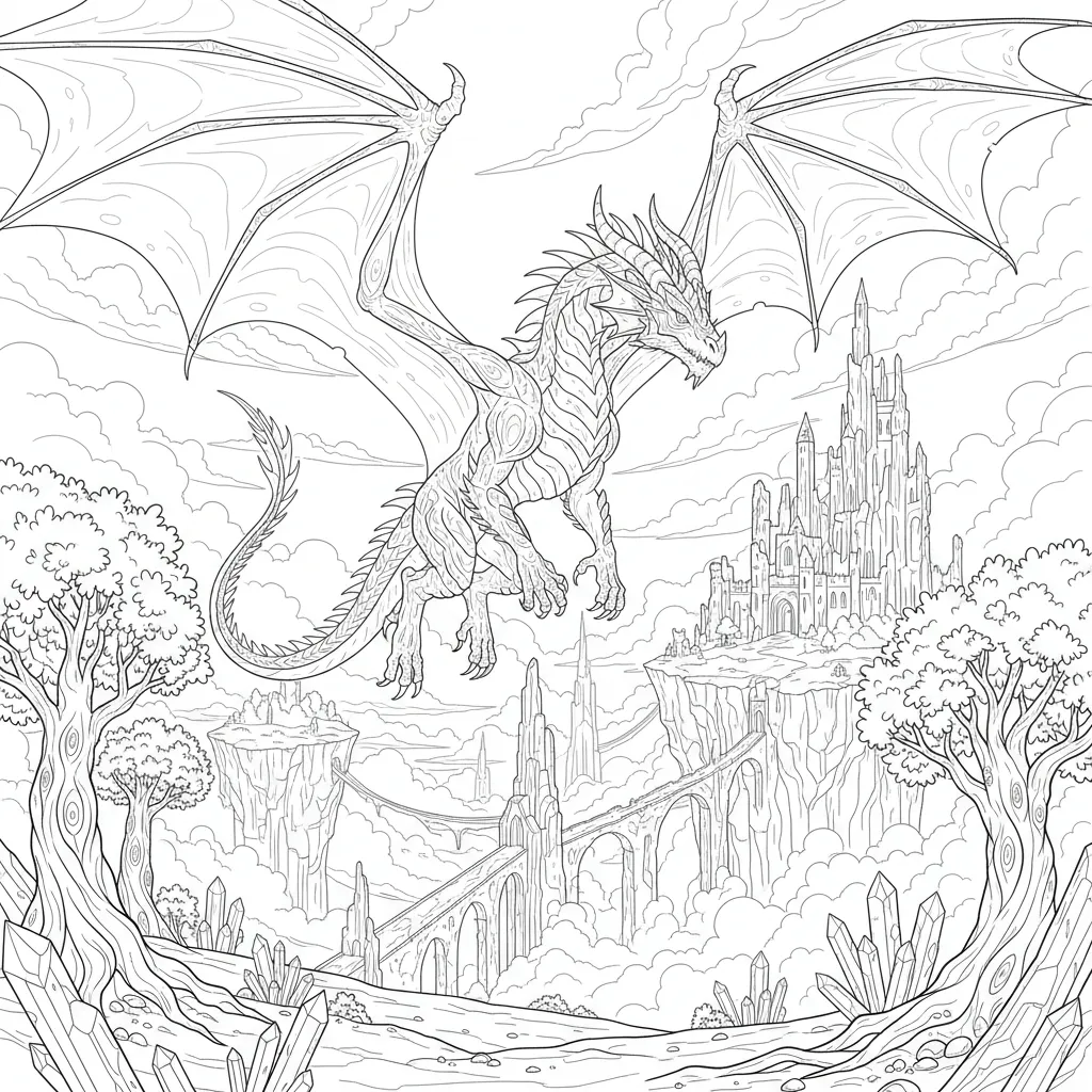fantasy themed coloring page of a dragon flying with a castle in the background