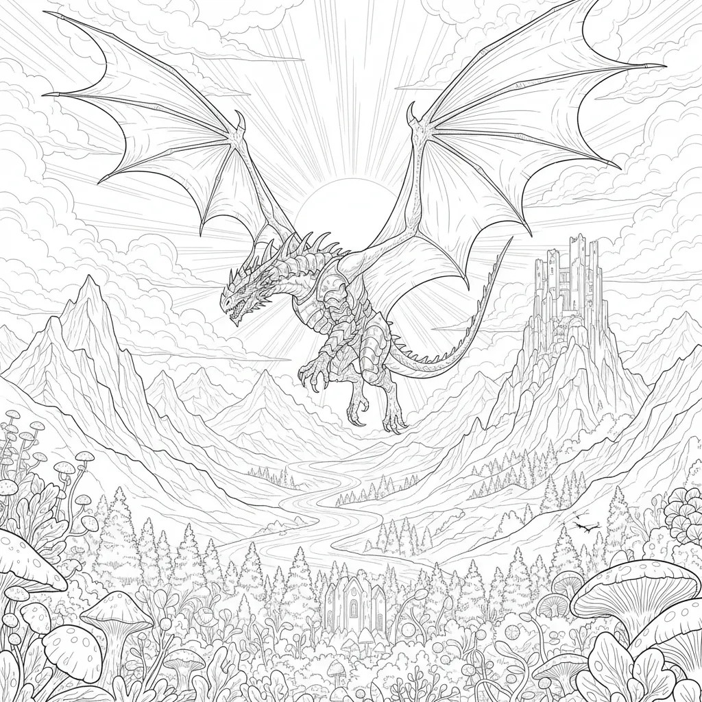 fantasy themed coloring page of a dragon with castle ruins in the background