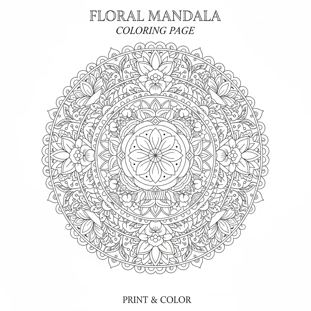 floral mandala coloring page that says print and color