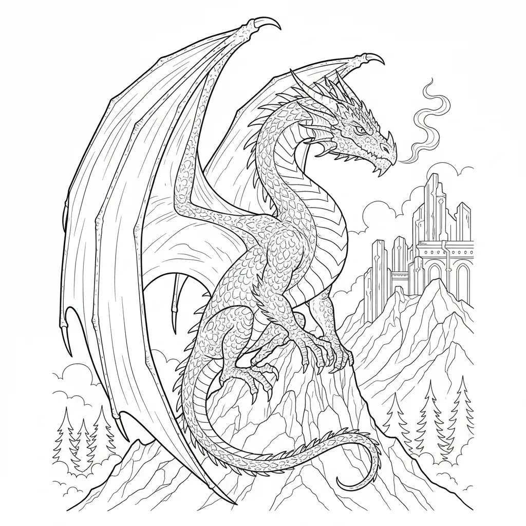 realistic dragon coloring page of a dragon perched on a rock