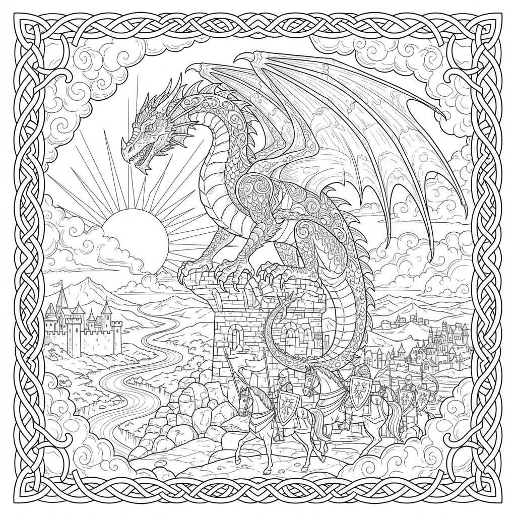 coloring page of a realistic dragon perched on a medieval tower