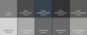 Paleta com dez tons de cinza, organizados em grade 5x2: cinza, cinza-chumbo-neutro, cinza-chumbo-azulado, cinza-chumbo-escuro, cinza-chumbo-amarelado, cinza-claro, cinza-escuro, cinza-fosco, cinza-granito e cinza-elefante.