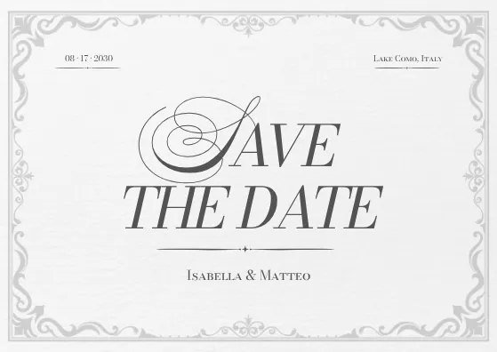 save the date card template in white with a simple decorative border