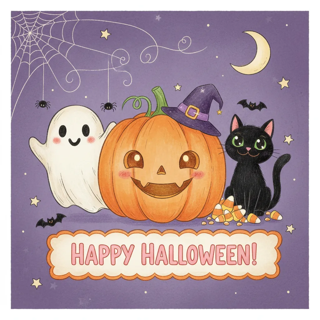 cute halloween card that depicts jack o lanterns, cute ghosts, and black cats and the words happy halloween.