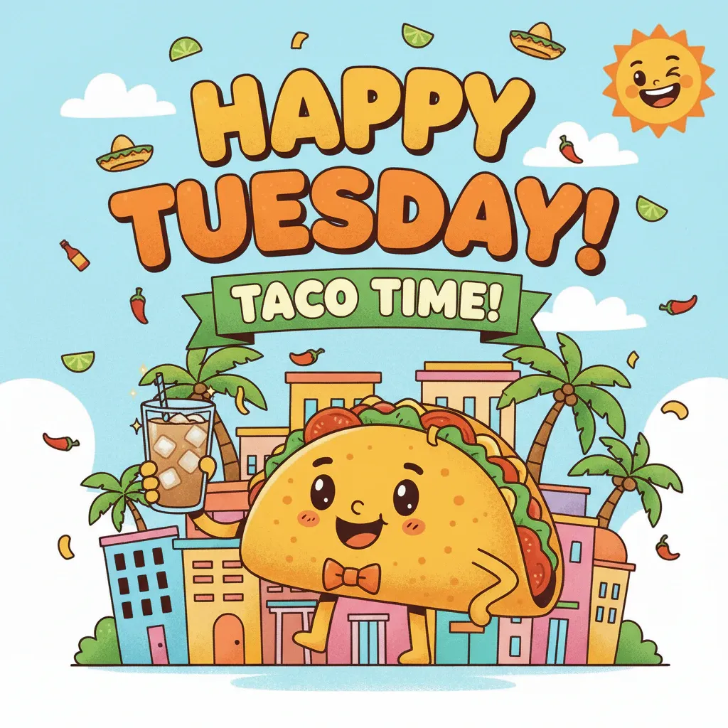 happy tuesday graphic featuring illlustrations of a taco with the words: happy tuesday taco time!.