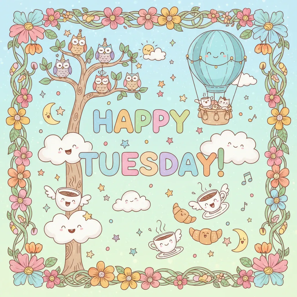 happy tuesday graphic featuring illlustrations of teacups, flowers, owls, and more along with the words: happy tuesday.
