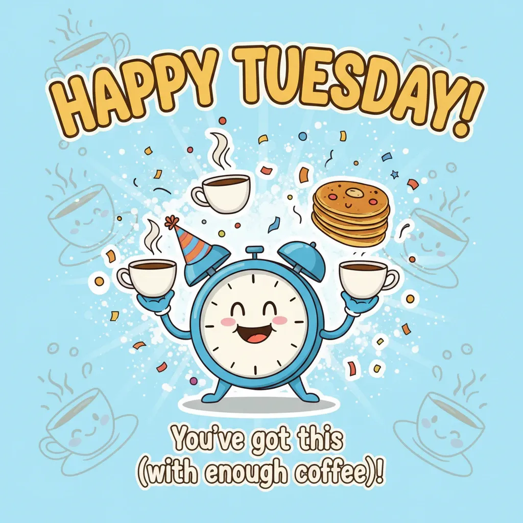 happy tuesday graphic featuring illlustrations of a clock, coffee cups, and pancakes along with the words: you've god this (with enough coffee).