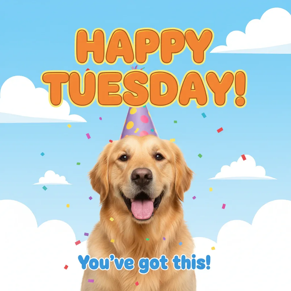 happy tuesday graphic featuring a picture of a golden retriever and the words: happy tuesday you've got this.