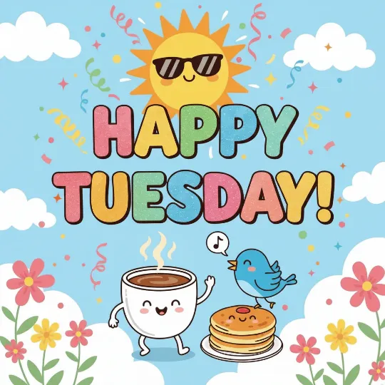 colorful illustration with the words happy tuesday and images of a sun wearing sunglasses, dancing coffee cup, flowers, pancakes, and a bird.