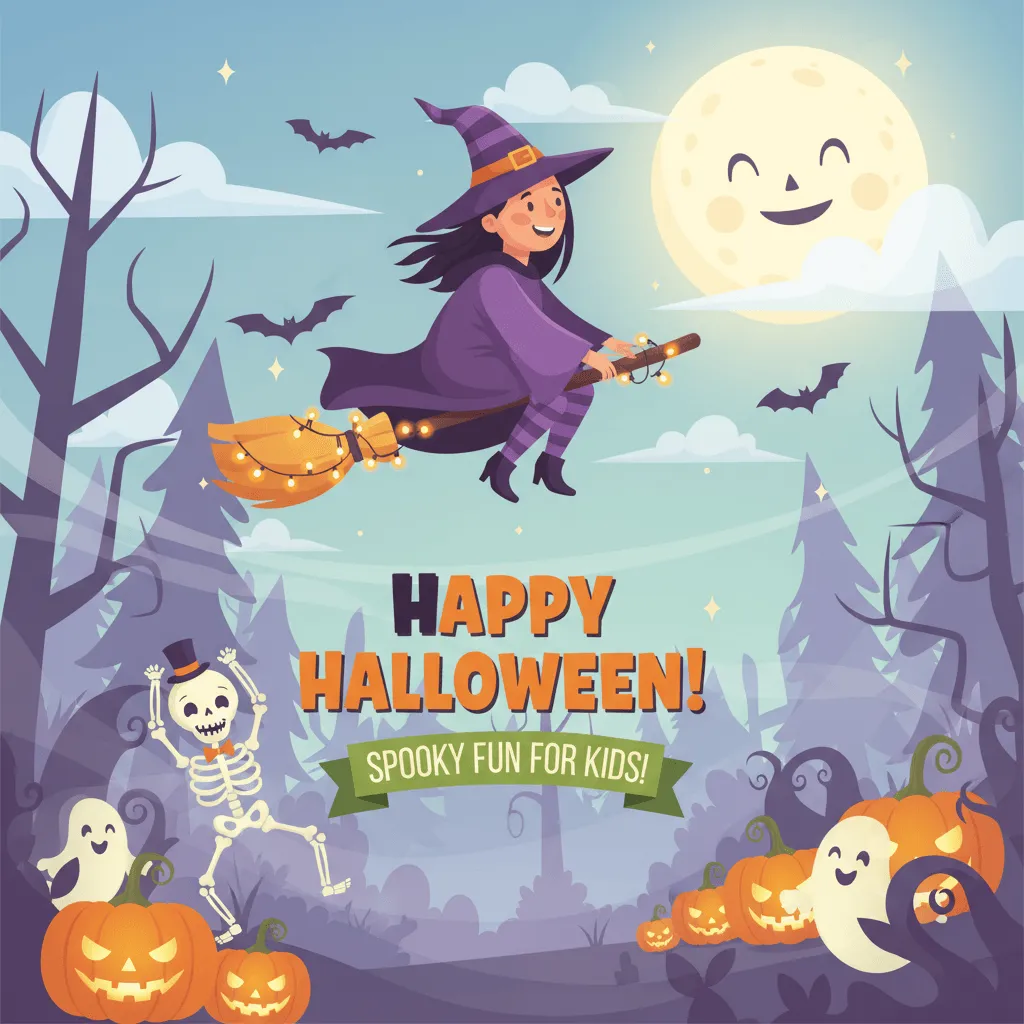 a kids' halloween card featuring a witch on a broom, skeleton, ghosts, and jack o lanterns with the words happy halloween spooky fun for kids.