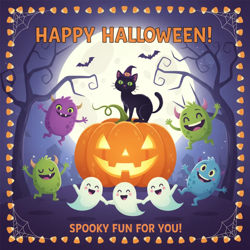halloween card for kids that depicts jack o lanterns, cute ghosts, and a other spooky characters and the words happy halloween spooky fun for you