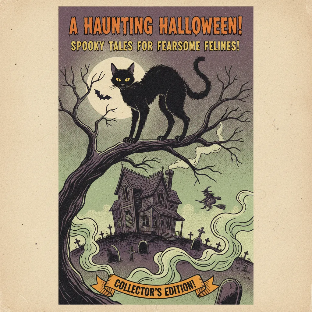 pulp themed halloween card depicting retro style poster of a black cat and haunted house with the words haunting halloween spooky tales for fearsome felines collectors' edition.