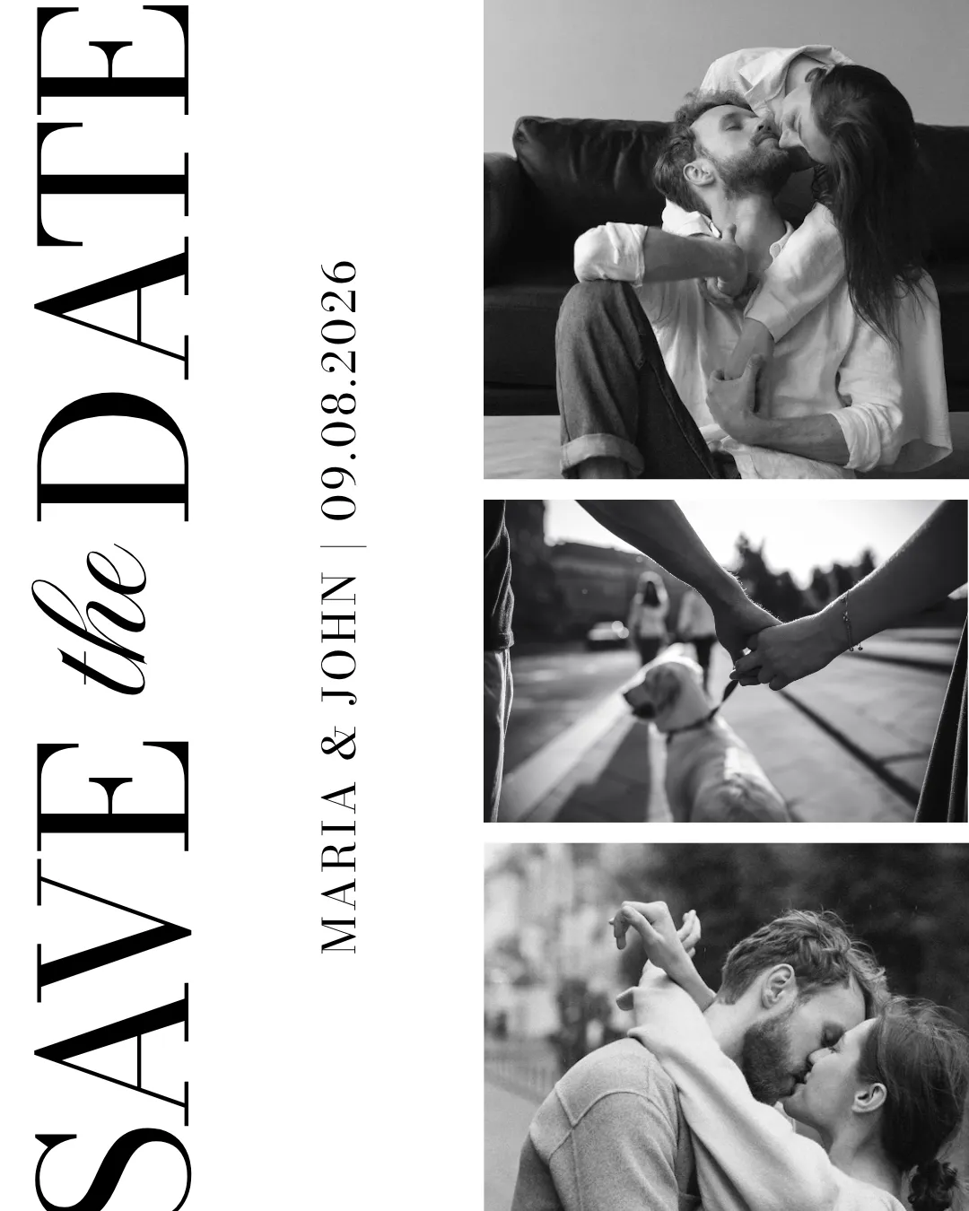 minimalist save the date card template for social media with assorted photos of the couple